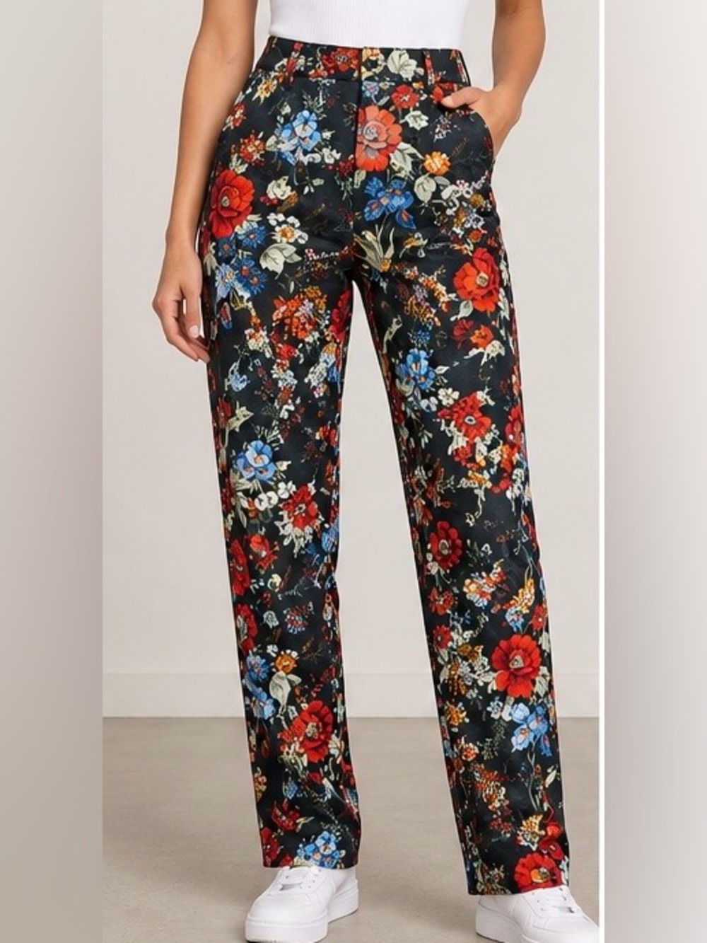 H&M Floral Straight-Leg Pants - Black Multi